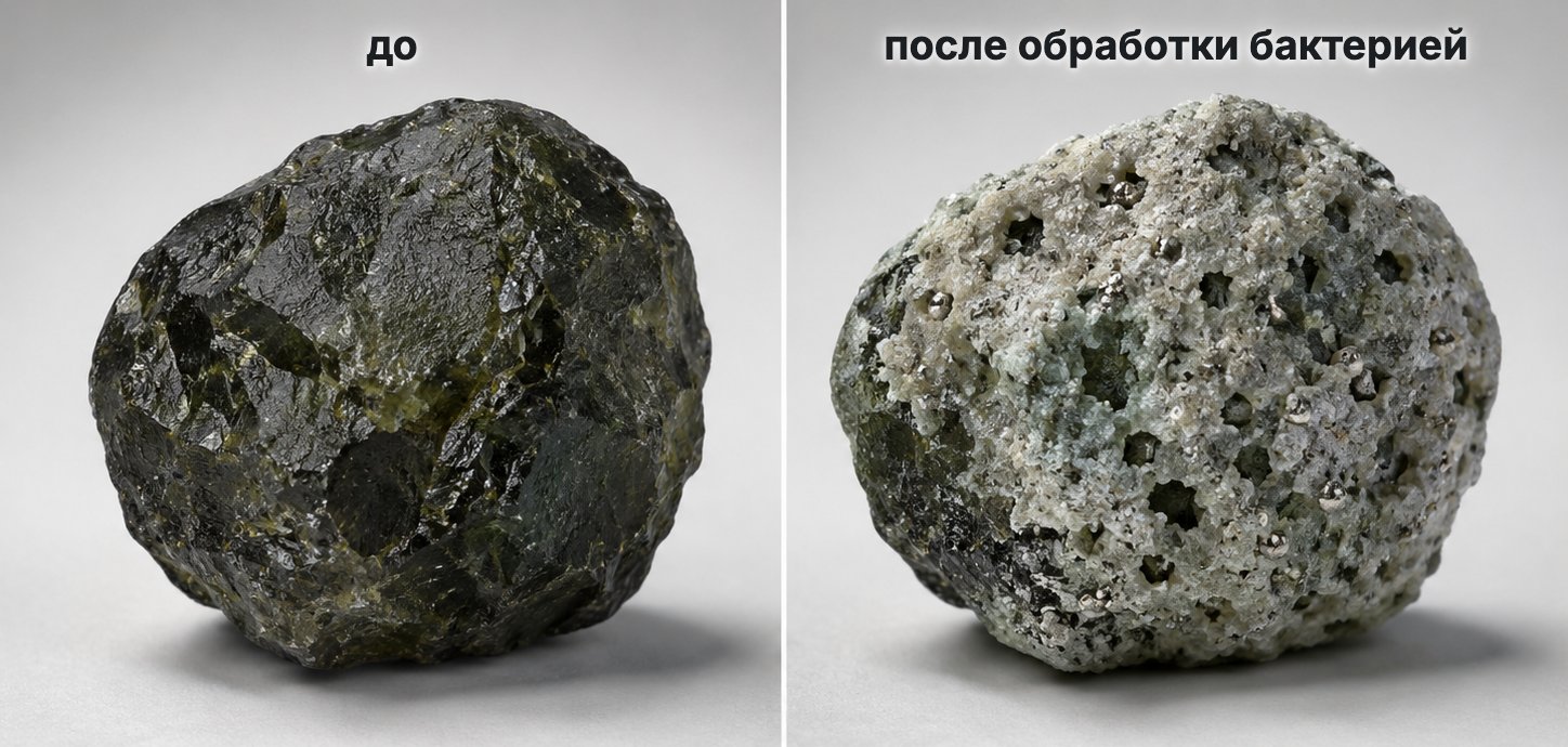 Зерно оливина до и после обработки, с коркой минеральных отложений. Расчёт на бумаге: весь магний из отвалов запер бы больше миллиарда тонн углерода.