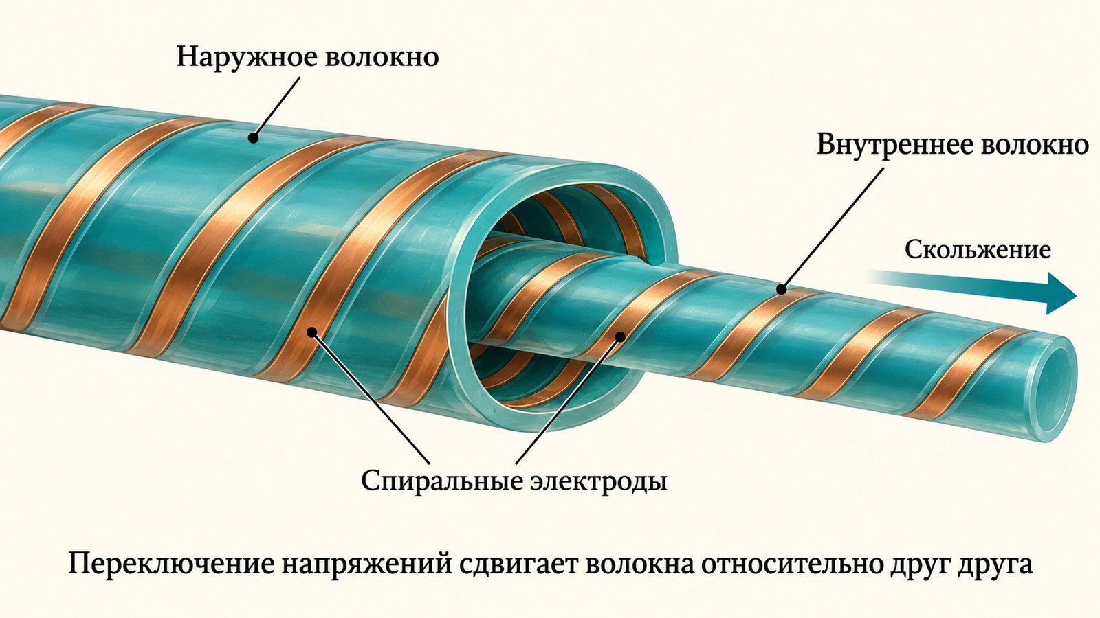 Схема: внутреннее волокно скользит внутри наружного; спиральные электроды создают движущую силу. Геометрия упрощена, масштаб условный.