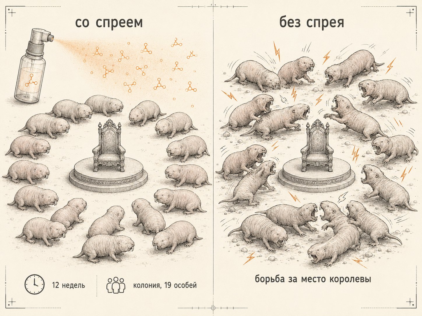 колония из 19 особей, королеву убрали, ежедневное опрыскивание 12 недель, слева «со спреем» — тишина, справа «без спрея» — драки и попытки размножения