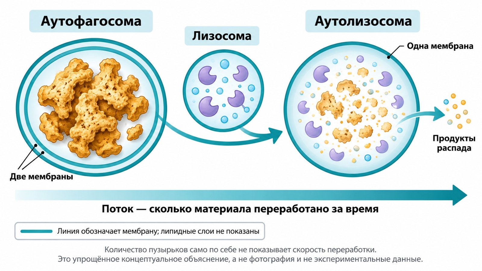 Схема аутофагии: две мембраны аутофагосомы, слияние с лизосомой и распад содержимого. Линия обозначает мембрану, липидные слои не показаны. Поток — количество переработанного материала за время.