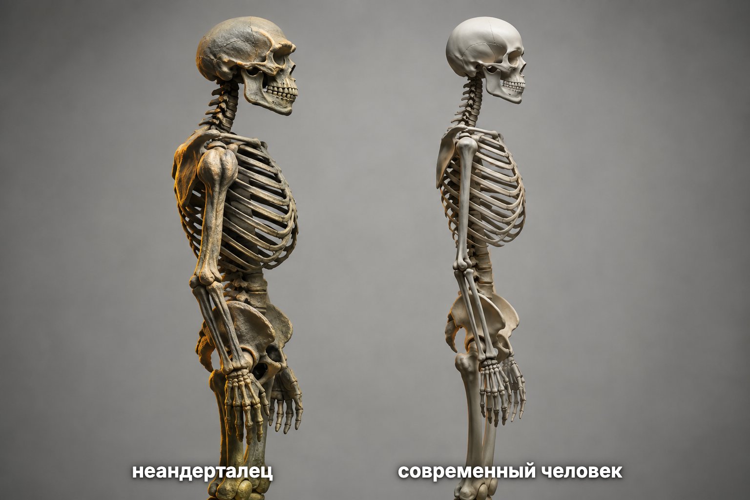 Скелеты неандертальца и современного человека: массивные места прикрепления мышц, надбровные дуги. Соавтор работы формулирует вывод проще: рецептор не заменит тренировки.