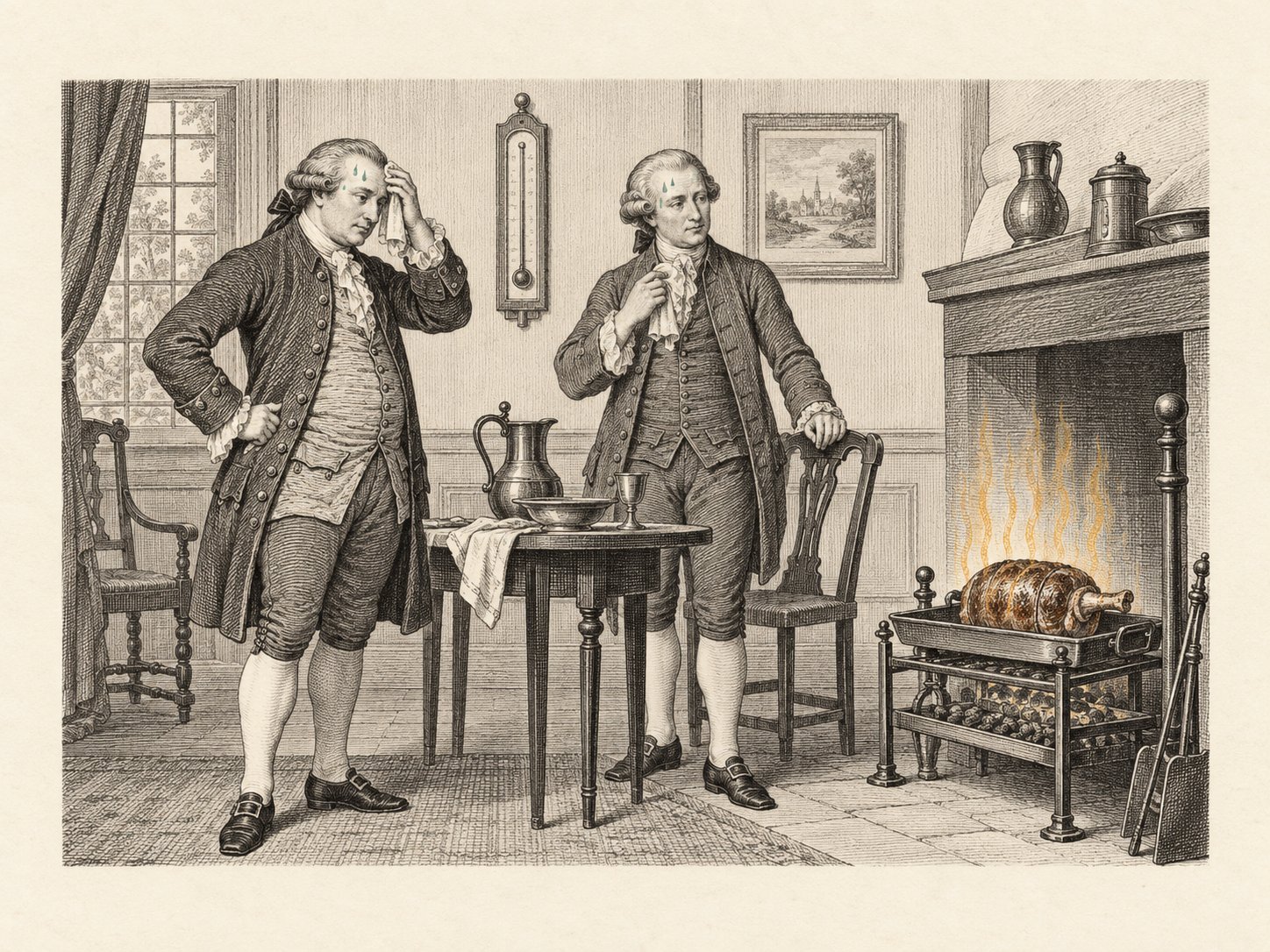 Сцена 1775 года, врач и добровольцы в разогретой комнате, на противне жарится мясо