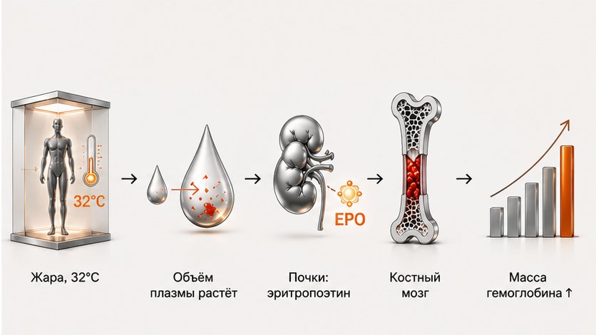 динамика массы гемоглобина в пяти испытаниях (проценты и число участников), рядом отдельным столбцом отмечено, где измеряли VO2max и что с ним произошло