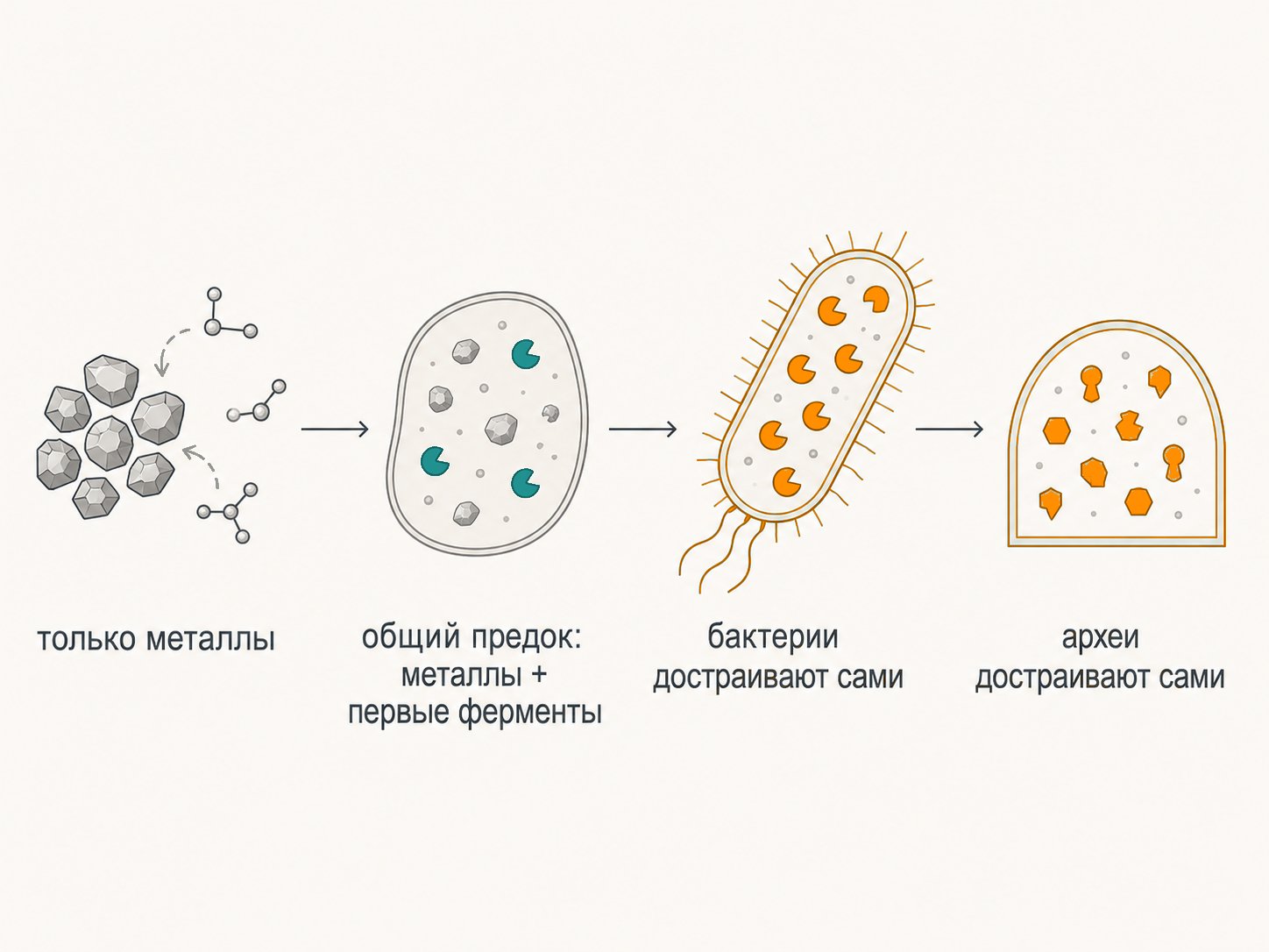 четыре этапа — только металлы, металлы плюс первые ферменты у общего предка, отдельное достраивание у бактерий, отдельное достраивание у архей. Цвет тот же, что на Илл. 2: бирюзовый — то, что было у предка, оранжевый — достроенное самостоятельно. Перепутать местами нельзя